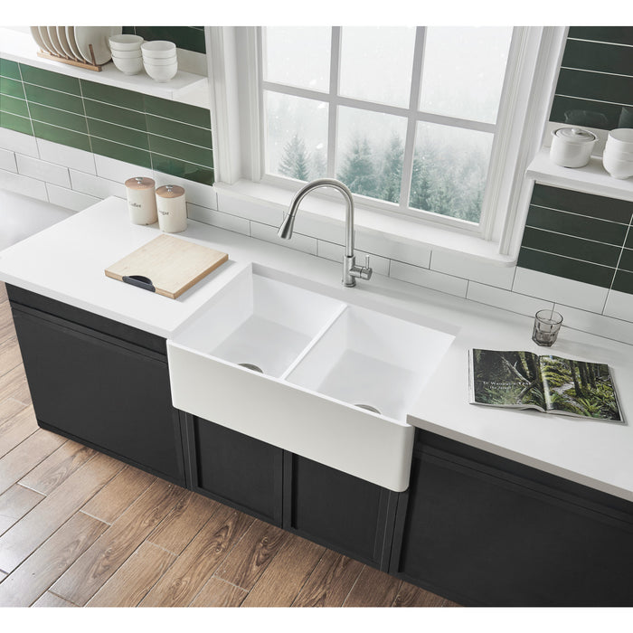 Gourmetier GKFA331810BCD Solid Surface Double Bowl Farmhouse Kitchen Sink, Matte White