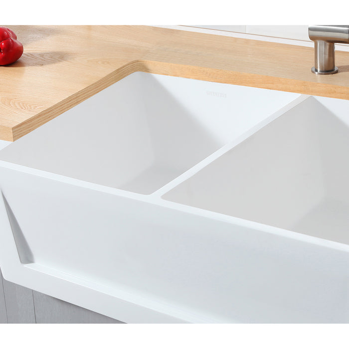 Gourmetier GKFA331810SQD Solid Surface Double Bowl Farmhouse Kitchen Sink, Matte White