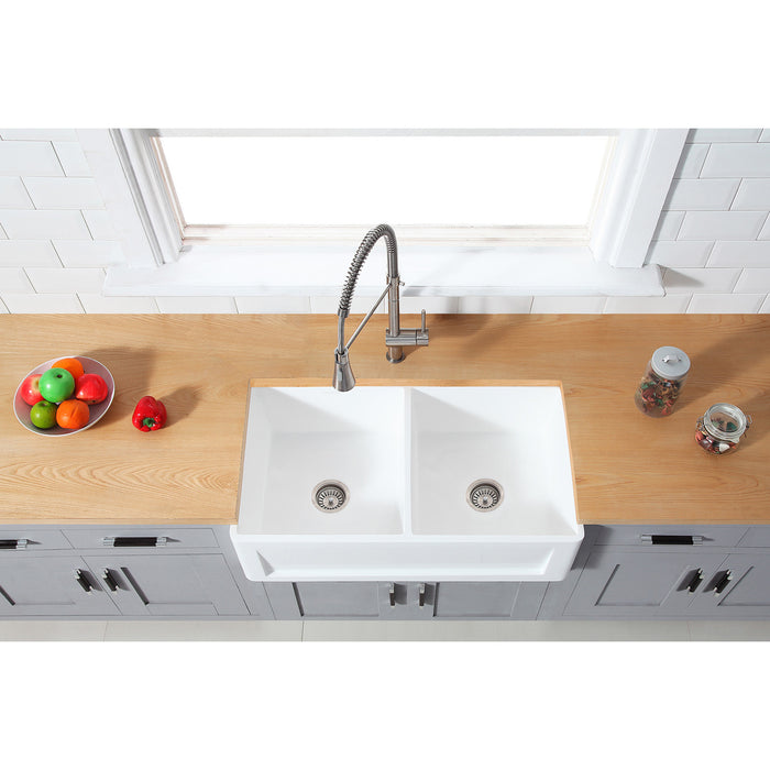 Gourmetier GKFA361810SQD Solid Surface Double Bowl Farmhouse Kitchen Sink, Matte White