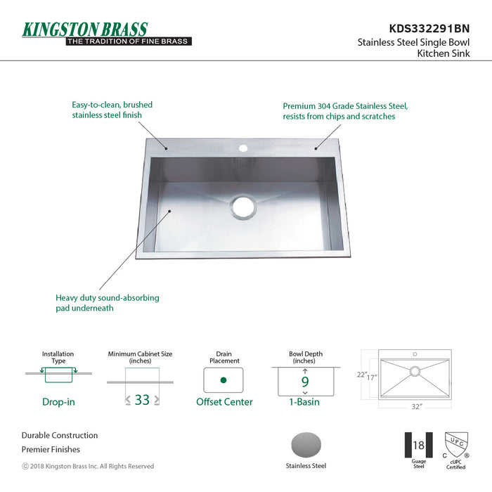 Gourmetier KDS332291BN 33" Drop-In Single Bowl 18-Gauge Kitchen Sink (1 Hole), Brushed