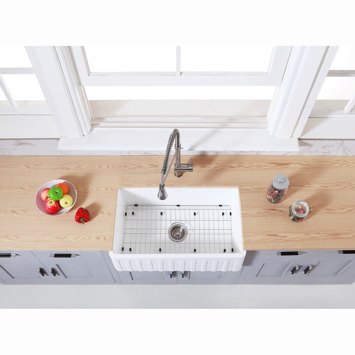 Gourmetier KGKFA301810CD 30" x 18" Farmhouse Kitchen Sink with Strainer and Grid, Matte White/Brushed