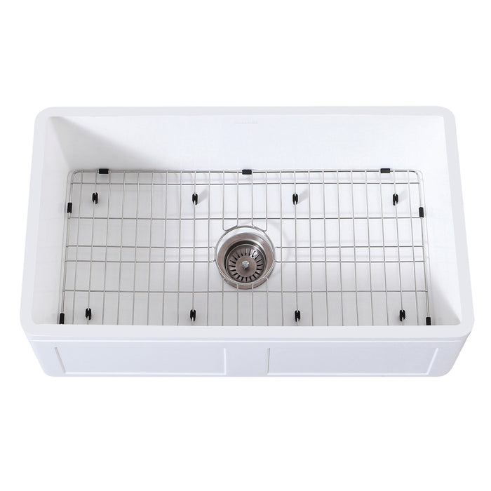 Gourmetier KGKFA331810DS 33" x 18" Farmhouse Kitchen Sink with Strainer and Grid, Matte White/Brushed