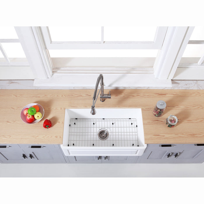 Gourmetier KGKFA331810LD 33" x 18" Farmhouse Kitchen Sink with Strainer and Grid, Matte White/Brushed