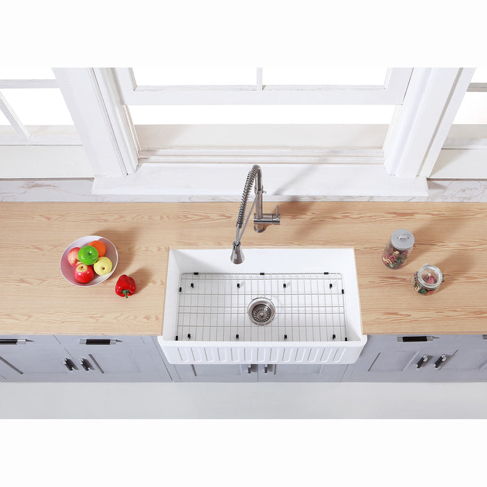 Gourmetier KGKFA331810RM 33" x 18" Farmhouse Kitchen Sink with Strainer and Grid, Matte White/Brushed