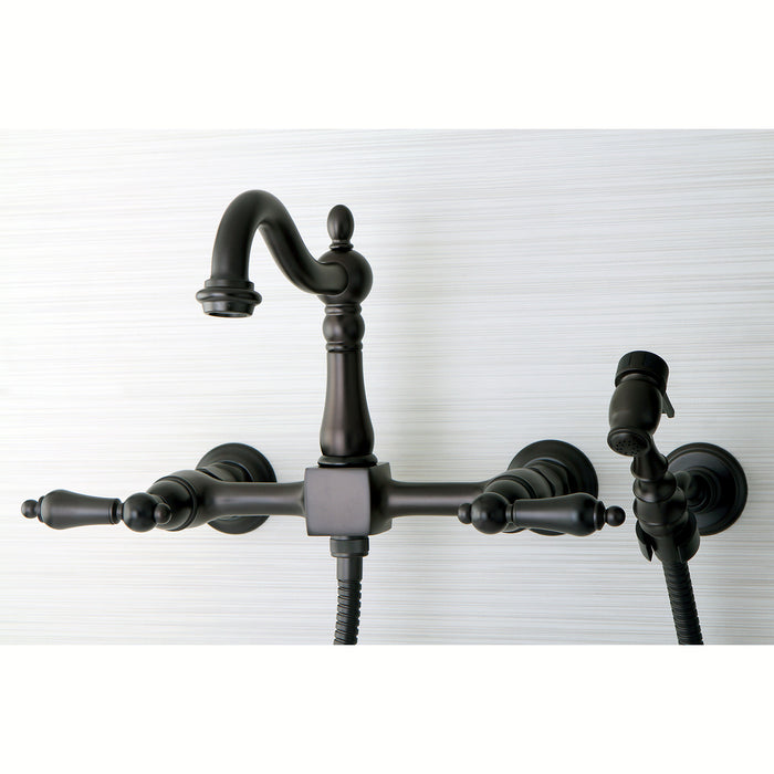 Kingston Brass KS1265ALBS Heritage Wall Mount Bridge Kitchen Faucet with Brass Sprayer, Oil Rubbed Bronze