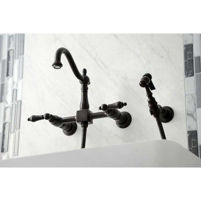 Kingston Brass KS1265ALBS Heritage Wall Mount Bridge Kitchen Faucet with Brass Sprayer, Oil Rubbed Bronze