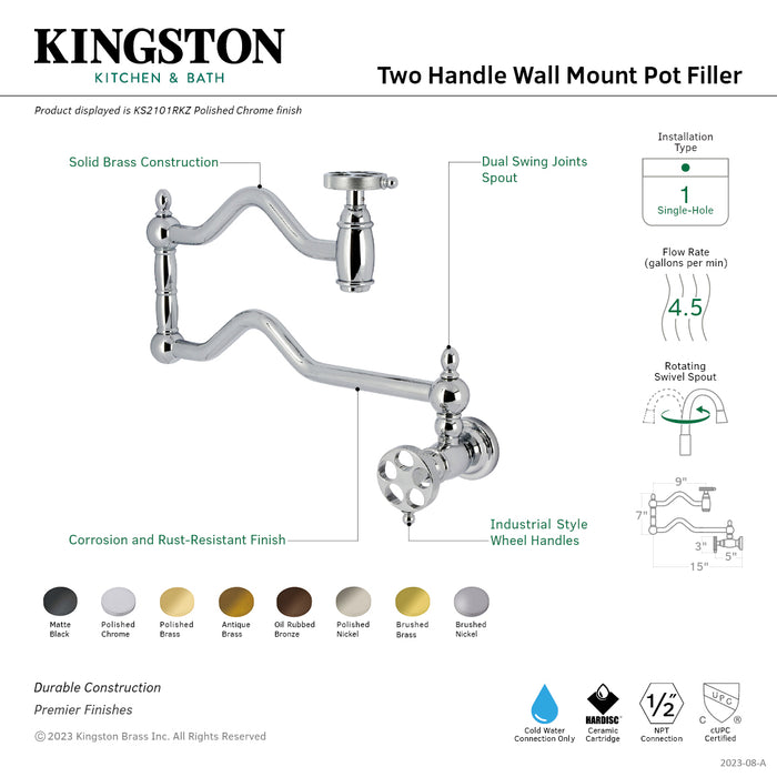 Kingston Brass KS2105RKZ Wendell Wall Mount Pot Filler with Knurled Handle, Oil Rubbed Bronze