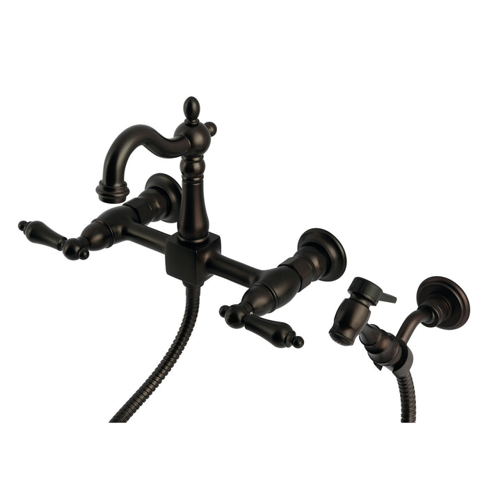 Kingston Brass KS2445ALBS Heritage Wall Mount Bridge Kitchen Faucet with Brass Sprayer, Oil Rubbed Bronze