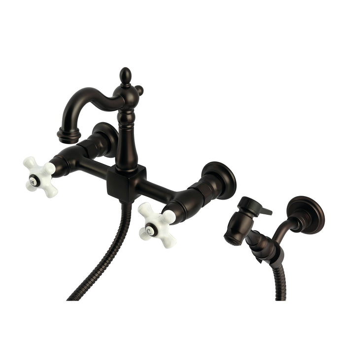 Kingston Brass KS2445PXBS Heritage Wall Mount Bridge Kitchen Faucet with Brass Sprayer, Oil Rubbed Bronze