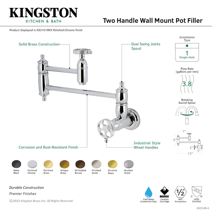 Kingston Brass KS3105RKX Webb Wall Mount Pot Filler with Knurled Handle, Oil Rubbed Bronze