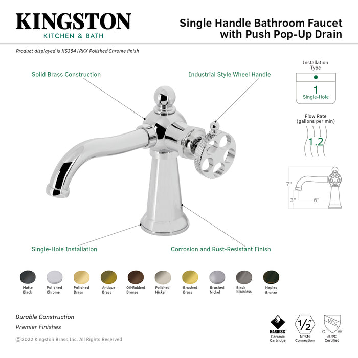 Kingston Brass KS3545RKX Webb Single-Handle Bathroom Faucet with Knurled Handle and Push Pop-Up Drain, Oil Rubbed Bronze