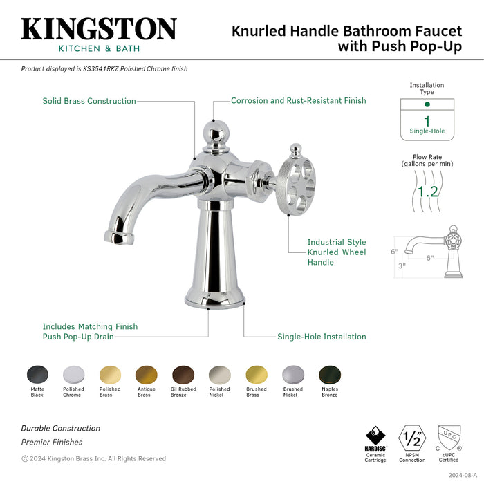 Kingston Brass KS3545RKZ Wendell Single-Handle Bathroom Faucet with Knurled Handle and Push Pop-Up Drain, Oil Rubbed Bronze