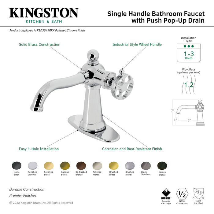 Kingston Brass KSD3545RKX Webb Single-Handle Bathroom Faucet with Knurled Handle and Push Pop-Up Drain, Oil Rubbed Bronze