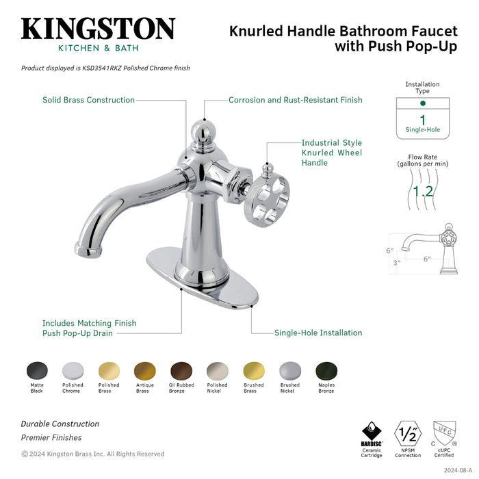 Kingston Brass KSD3545RKZ Wendell Single-Handle Bathroom Faucet with Knurled Handle and Push Pop-Up Drain, Oil Rubbed Bronze