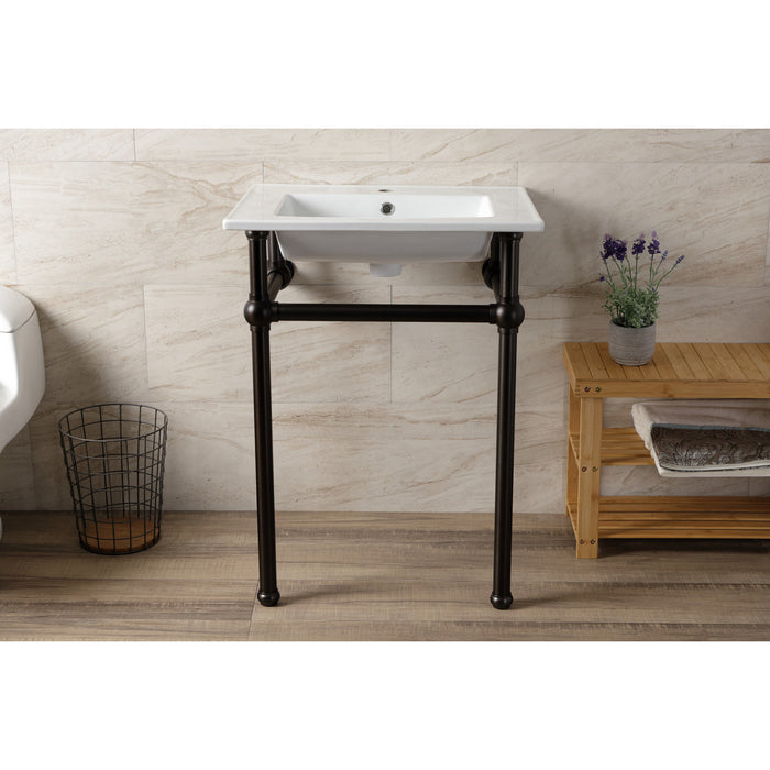 Kingston Brass KVBH252275 Templeton 25" Ceramic Console Sink with Brass Legs (1-Hole), White/Oil Rubbed Bronze