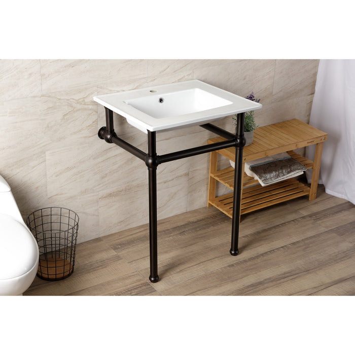 Kingston Brass KVBH252275 Templeton 25" Ceramic Console Sink with Brass Legs (1-Hole), White/Oil Rubbed Bronze