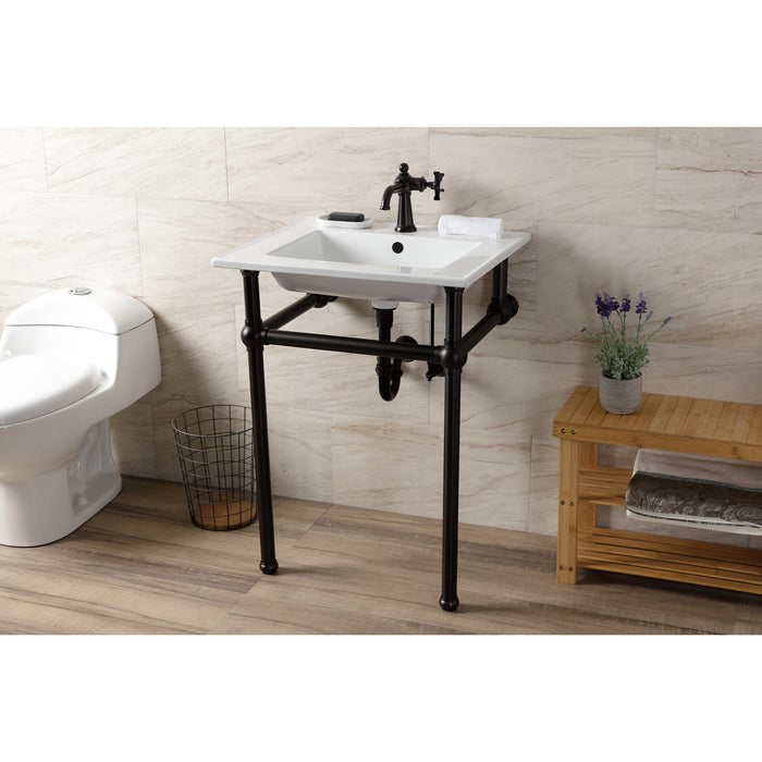 Kingston Brass KVBH252275 Templeton 25" Ceramic Console Sink with Brass Legs (1-Hole), White/Oil Rubbed Bronze