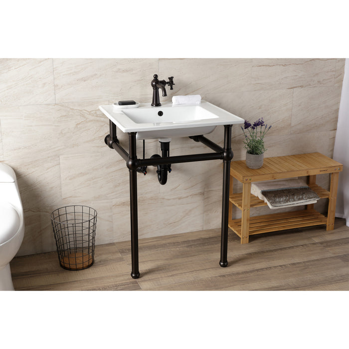 Kingston Brass KVBH252275 Templeton 25" Ceramic Console Sink with Brass Legs (1-Hole), White/Oil Rubbed Bronze