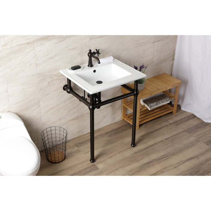 Kingston Brass KVBH252275 Templeton 25" Ceramic Console Sink with Brass Legs (1-Hole), White/Oil Rubbed Bronze