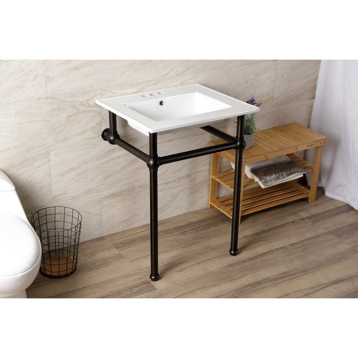 Kingston Brass KVBH25227W4B5 Templeton 25" Ceramic Console Sink with Brass Legs (4-Inch, 3-Hole), White/Oil Rubbed Bronze