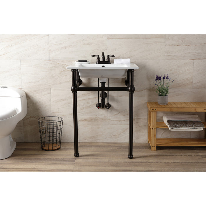 Kingston Brass KVBH25227W4B5 Templeton 25" Ceramic Console Sink with Brass Legs (4-Inch, 3-Hole), White/Oil Rubbed Bronze