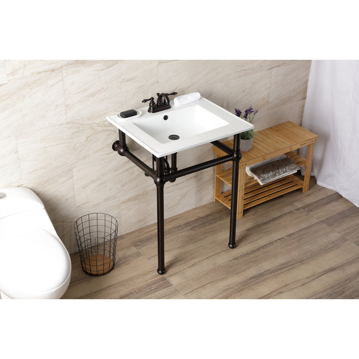 Kingston Brass KVBH25227W4B5 Templeton 25" Ceramic Console Sink with Brass Legs (4-Inch, 3-Hole), White/Oil Rubbed Bronze