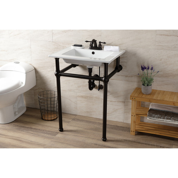 Kingston Brass KVBH25227W4B5 Templeton 25" Ceramic Console Sink with Brass Legs (4-Inch, 3-Hole), White/Oil Rubbed Bronze