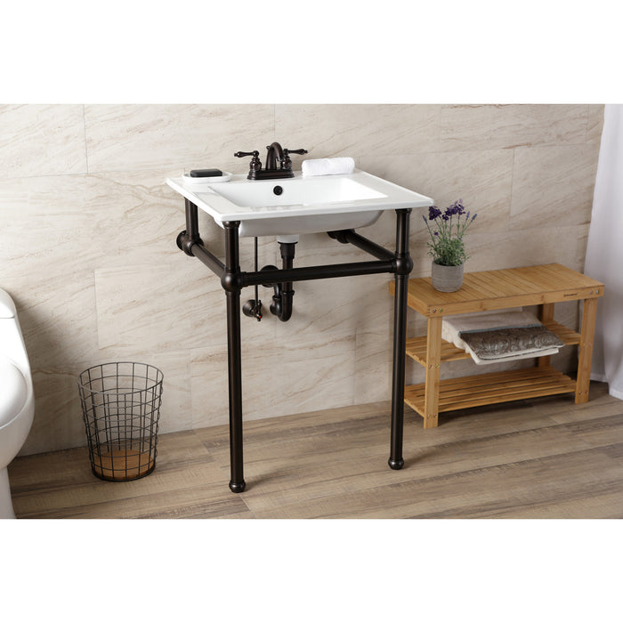 Kingston Brass KVBH25227W4B5 Templeton 25" Ceramic Console Sink with Brass Legs (4-Inch, 3-Hole), White/Oil Rubbed Bronze