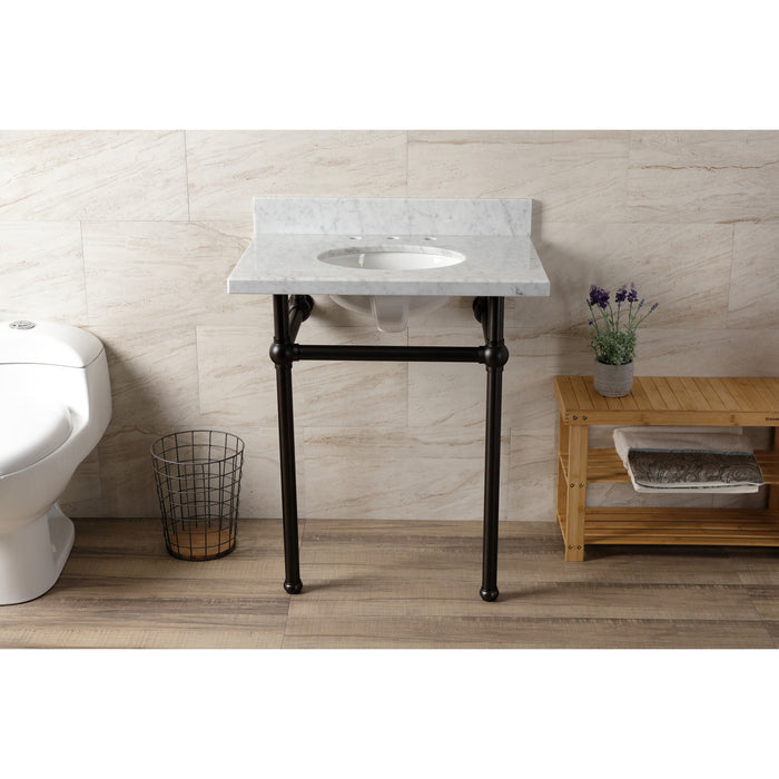 Kingston Brass KVBH3022M85 Templeton 30" Carrara Marble Console Sink with Brass Legs (8-Inch, 3-Hole), Marble White/Oil Rubbed Bronze