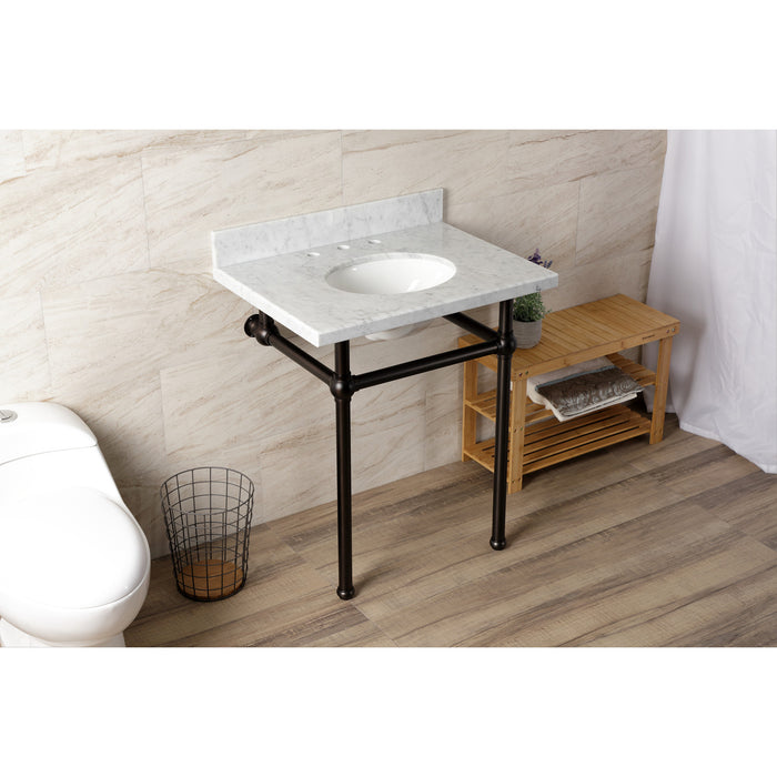 Kingston Brass KVBH3022M85 Templeton 30" Carrara Marble Console Sink with Brass Legs (8-Inch, 3-Hole), Marble White/Oil Rubbed Bronze