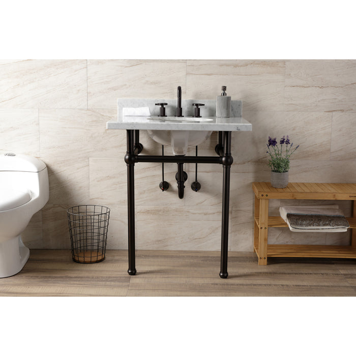 Kingston Brass KVBH3022M85 Templeton 30" Carrara Marble Console Sink with Brass Legs (8-Inch, 3-Hole), Marble White/Oil Rubbed Bronze