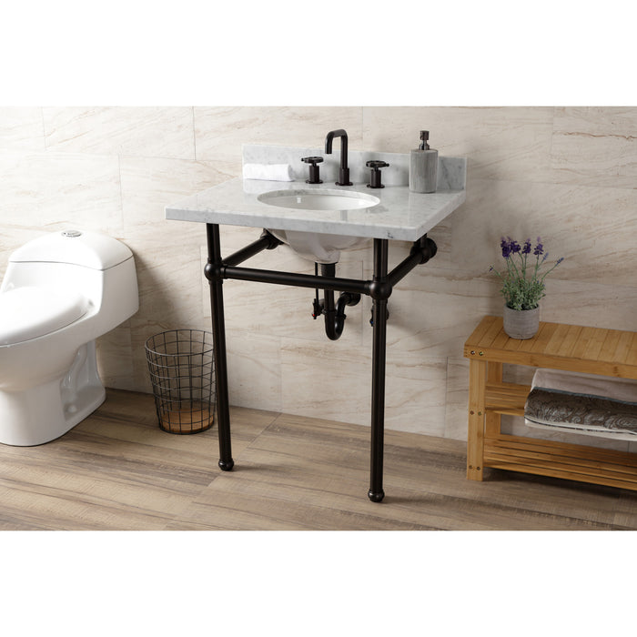 Kingston Brass KVBH3022M85 Templeton 30" Carrara Marble Console Sink with Brass Legs (8-Inch, 3-Hole), Marble White/Oil Rubbed Bronze