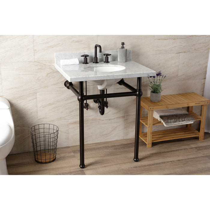 Kingston Brass KVBH3022M85 Templeton 30" Carrara Marble Console Sink with Brass Legs (8-Inch, 3-Hole), Marble White/Oil Rubbed Bronze