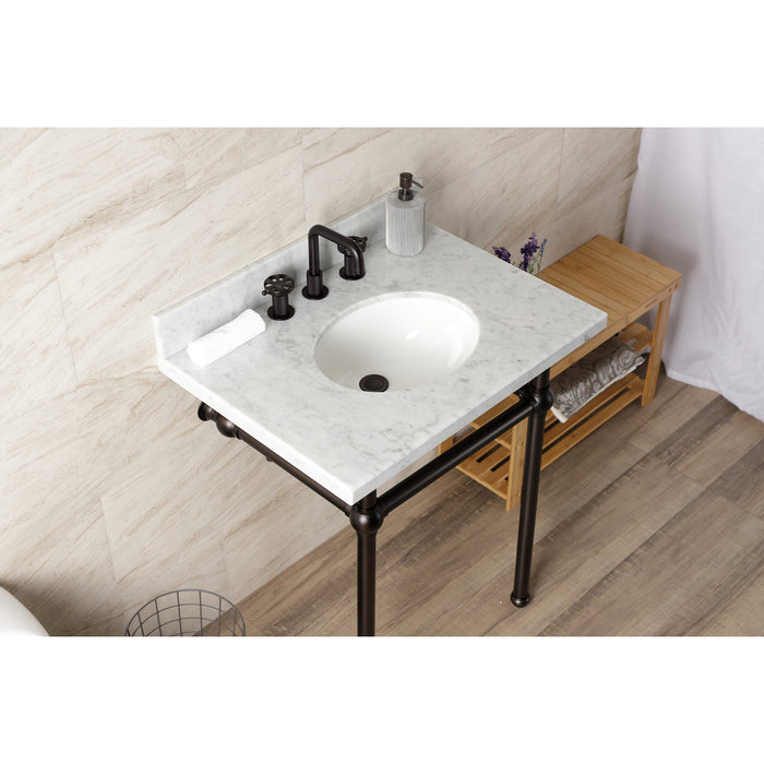 Kingston Brass KVBH3022M85 Templeton 30" Carrara Marble Console Sink with Brass Legs (8-Inch, 3-Hole), Marble White/Oil Rubbed Bronze