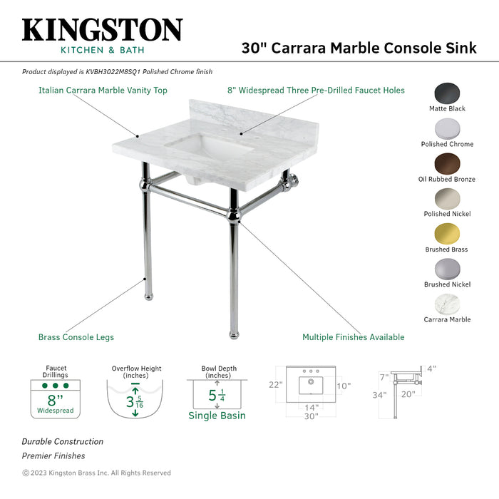 Kingston Brass KVBH3022M8SQ5 Templeton 30" Carrara Marble Console Sink with Brass Legs (8-Inch, 3-Hole), Marble White/Oil Rubbed Bronze