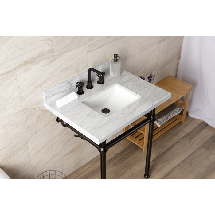 Kingston Brass KVBH3022M8SQ5 Templeton 30" Carrara Marble Console Sink with Brass Legs (8-Inch, 3-Hole), Marble White/Oil Rubbed Bronze