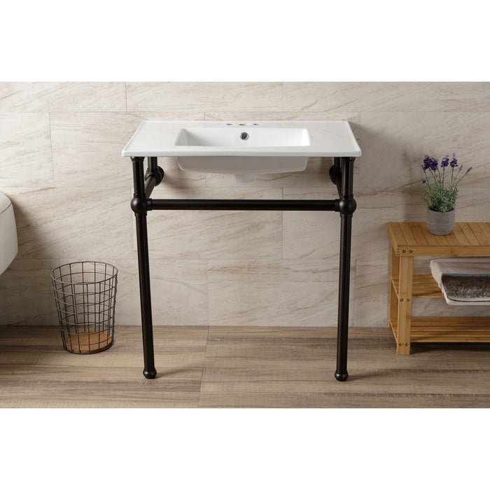 Kingston Brass KVBH31227W4B5 Templeton 31" Ceramic Console Sink with Brass Legs (8-Inch, 3-Hole), White/Oil Rubbed Bronze