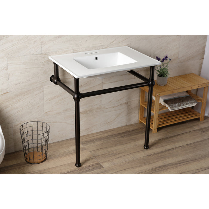 Kingston Brass KVBH31227W4B5 Templeton 31" Ceramic Console Sink with Brass Legs (8-Inch, 3-Hole), White/Oil Rubbed Bronze