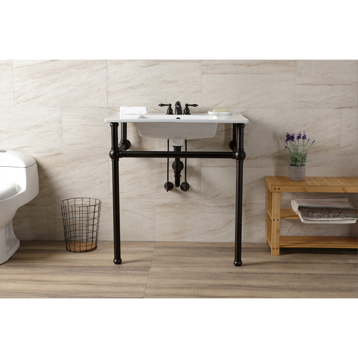 Kingston Brass KVBH31227W4B5 Templeton 31" Ceramic Console Sink with Brass Legs (8-Inch, 3-Hole), White/Oil Rubbed Bronze