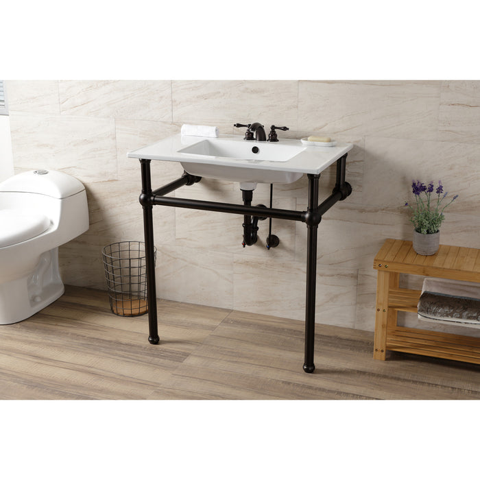 Kingston Brass KVBH31227W4B5 Templeton 31" Ceramic Console Sink with Brass Legs (8-Inch, 3-Hole), White/Oil Rubbed Bronze