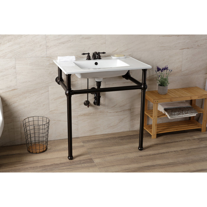 Kingston Brass KVBH31227W4B5 Templeton 31" Ceramic Console Sink with Brass Legs (8-Inch, 3-Hole), White/Oil Rubbed Bronze