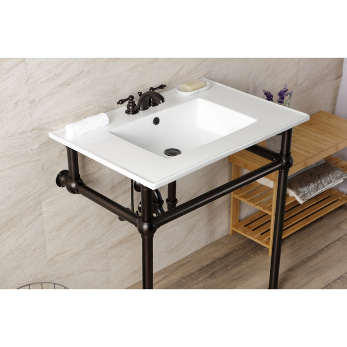 Kingston Brass KVBH31227W4B5 Templeton 31" Ceramic Console Sink with Brass Legs (8-Inch, 3-Hole), White/Oil Rubbed Bronze