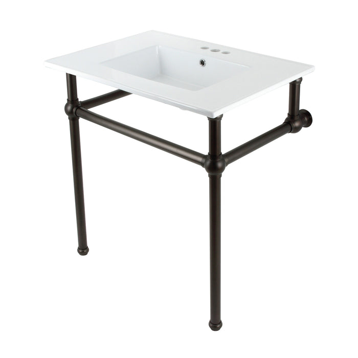 Kingston Brass KVBH31227W4B5 Templeton 31" Ceramic Console Sink with Brass Legs (8-Inch, 3-Hole), White/Oil Rubbed Bronze