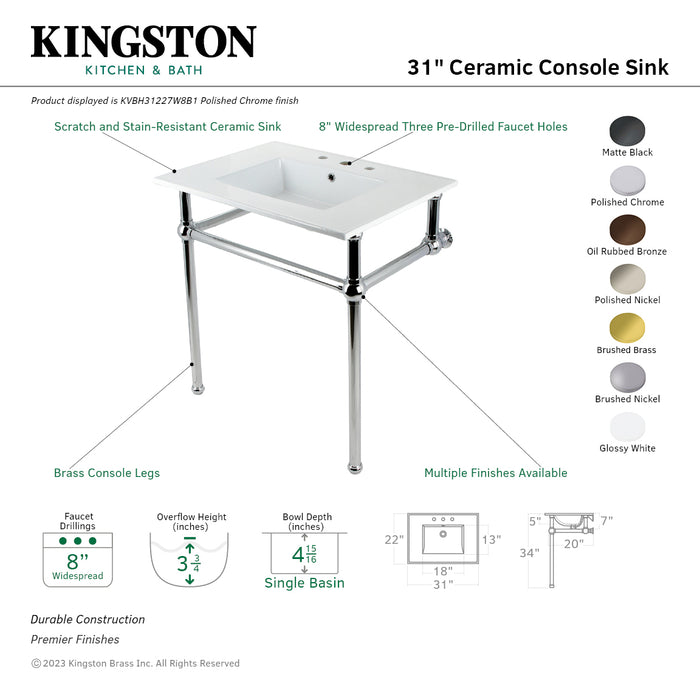 Kingston Brass KVBH31227W8B5 Templeton 31" Ceramic Console Sink with Brass Legs (8-Inch, 3-Hole), White/Oil Rubbed Bronze