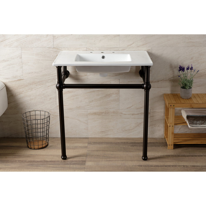 Kingston Brass KVBH31227W8B5 Templeton 31" Ceramic Console Sink with Brass Legs (8-Inch, 3-Hole), White/Oil Rubbed Bronze