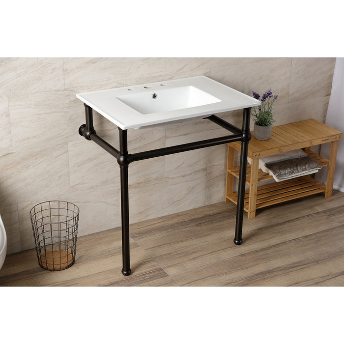 Kingston Brass KVBH31227W8B5 Templeton 31" Ceramic Console Sink with Brass Legs (8-Inch, 3-Hole), White/Oil Rubbed Bronze