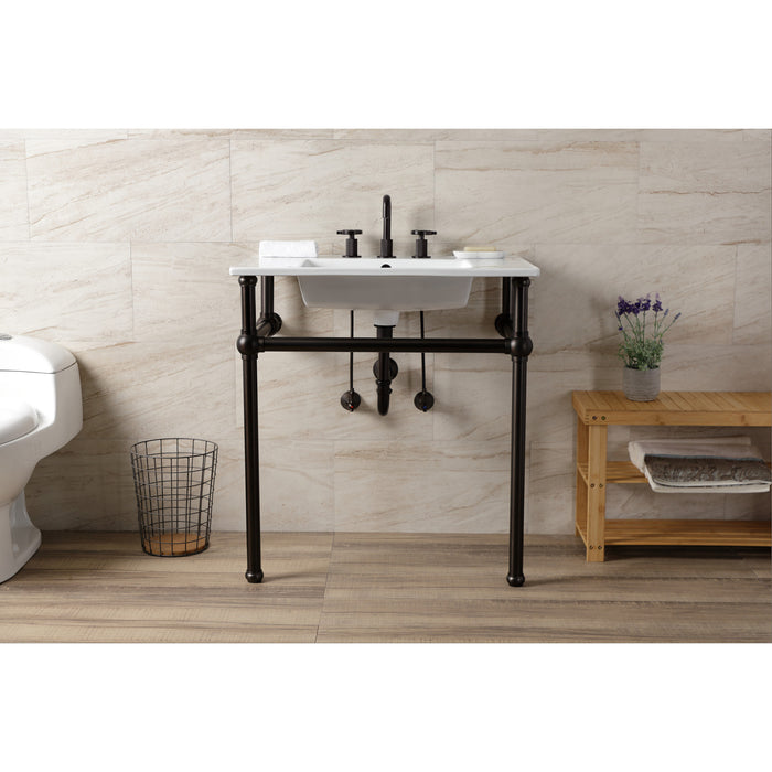 Kingston Brass KVBH31227W8B5 Templeton 31" Ceramic Console Sink with Brass Legs (8-Inch, 3-Hole), White/Oil Rubbed Bronze