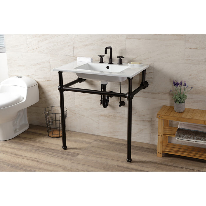 Kingston Brass KVBH31227W8B5 Templeton 31" Ceramic Console Sink with Brass Legs (8-Inch, 3-Hole), White/Oil Rubbed Bronze