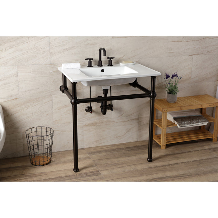 Kingston Brass KVBH31227W8B5 Templeton 31" Ceramic Console Sink with Brass Legs (8-Inch, 3-Hole), White/Oil Rubbed Bronze