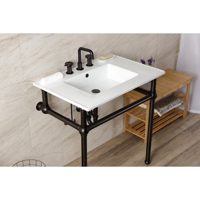 Kingston Brass KVBH31227W8B5 Templeton 31" Ceramic Console Sink with Brass Legs (8-Inch, 3-Hole), White/Oil Rubbed Bronze